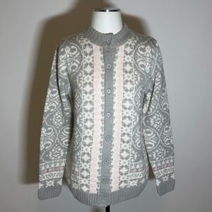 Vintage National Womens Gray/Pink Fair Isle Nordic Knit Cardigan Sweater Medium